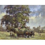 DAVID HYDE oil on canvas - busy harvesting scene with hay laden cart and horses with numerous