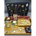 VINTAGE & LATER JEWELLERY, lady's wristwatches and collectables on a two-handled oak tray