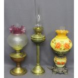 OIL LAMPS (3) - brass with Corinthian column, one with etched shade and the other milk glass shade