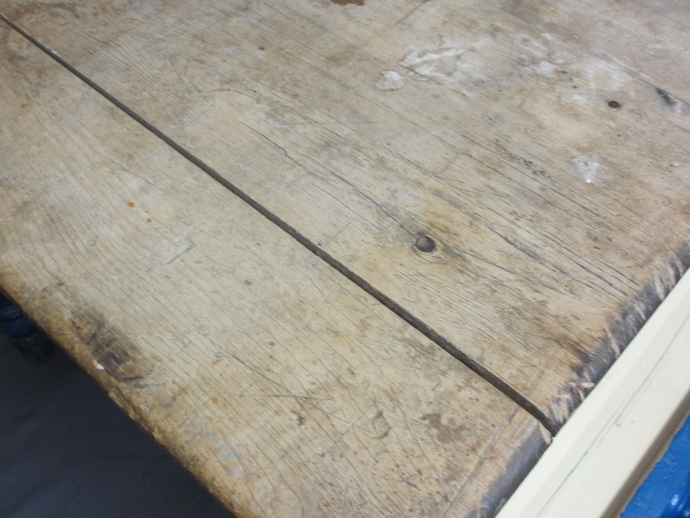 PAINTED PINE SCRATCH TOP FARMHOUSE TABLE with single end drawer and three Priory style wheelback - Image 3 of 4