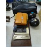 CROWN GREEN BOWLS, two pairs, chess set, darts, M Hohner mouth organ and other items of interest