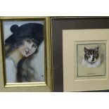 ART DECO PORTRAIT - a lady, initialled F J, Oil on Board, 22 x 14cms and Watercolour of a cat,