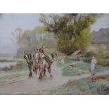 ALBERT HASELGRAVE watercolour - pastoral scene of a lady on a stream bridge with horses and handlers