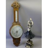 VINTAGE OAK BAROMETER and a reproduction Art Deco lady figurine, 81cms L the barometer
