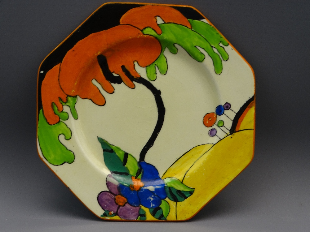 CLARICE CLIFF HONEY GLAZE WOODLAND SIDE PLATE octagonal with stylized hand painted landscape design,