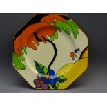 CLARICE CLIFF HONEY GLAZE WOODLAND SIDE PLATE octagonal with stylized hand painted landscape design,