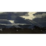 ANN LEWIS limited edition 9/18 lino cut - stormy Conwy Valley landscape, signed, 29 x 58cms