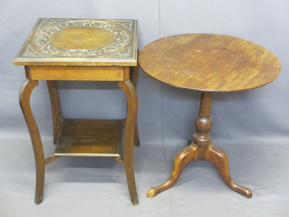 VICTORIAN MAHOGANY TILT-TOP TRIPOD TABLE and a circa 1900 oak two-tier side table with carved detail