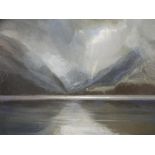 KEITH ANDREW oil on canvas - Snowdon behind clouds beyond lake, entitled verso on Tegfryn Gallery