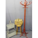 REPRODUCTION BENTWOOD COAT & HAT STAND, two wicker basket items and a pine circular top stool
