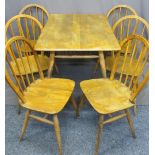 ERCOL LIGHT COLOURED TABLE, 72cms H, 100cms W, 70cms D and six hoop back spindle chairs