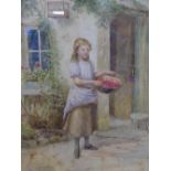 SAMUEL Mc CLOY (Irish School) watercolour - young girl with dish of fruit standing outside her door,