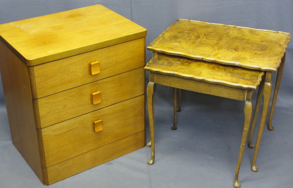 TEAK CHEST of three drawers and two burr walnut veneer side tables, one having lift-up lid with