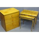 TEAK CHEST of three drawers and two burr walnut veneer side tables, one having lift-up lid with