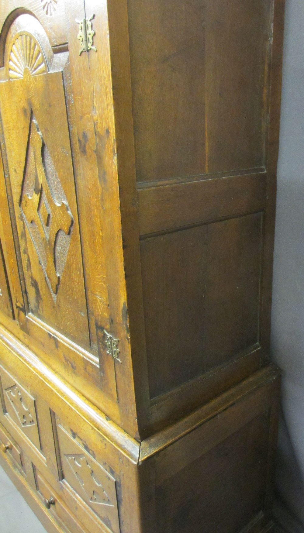 CIRCA 1800 CARVED OAK PRESS CUPBOARD with fan detail and Gothic type crosses on shaped and chamfered - Image 5 of 7