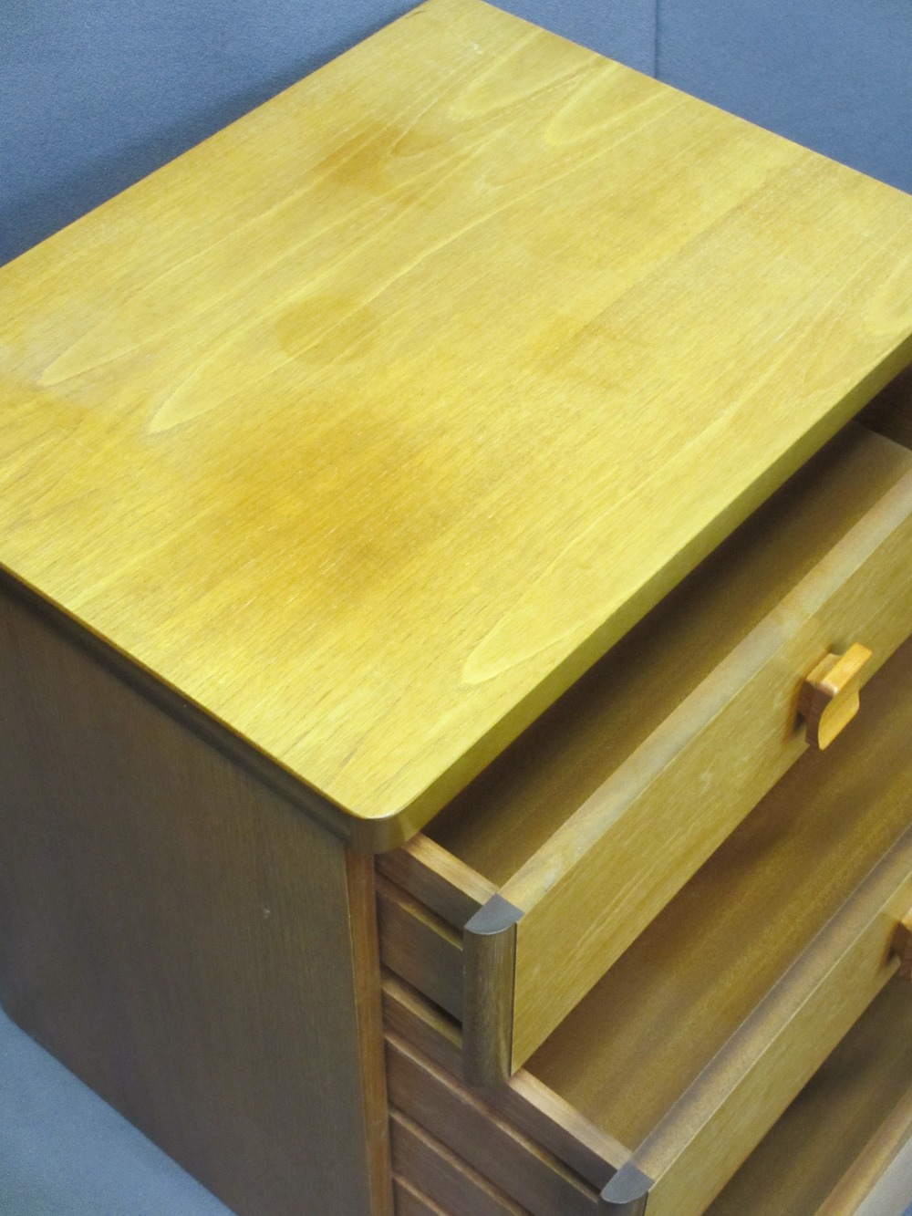 TEAK CHEST of three drawers and two burr walnut veneer side tables, one having lift-up lid with - Image 2 of 3