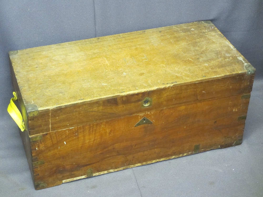 VINTAGE BRASS BANDED CAMPHORWOOD CHEST with interior candle box, 36cms H, 80.5cms L, 37cms D