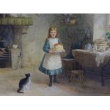 SAMUEL Mc CLOY (Irish School) watercolour - interior scene of a young girl holding a loaf of bread