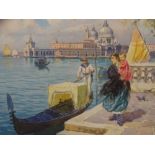 LUIGI MORELLO watercolour - Venetian waterfront scene with Gondola and mother and child, signed, 48