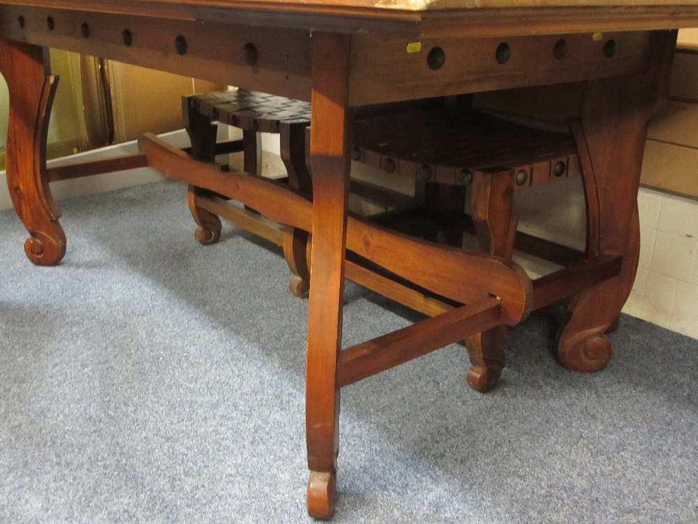 MODERN YEW WOOD DINING TABLE & SIX (4 + 2) DINING CHAIRS having leather lattice design seats and - Image 3 of 5