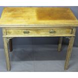 REGENCY MAHOGANY FOLD-OVER TEA TABLE having a single frieze drawer and pierced corner decoration