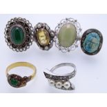 A PARCEL OF SIX DRESS RINGS, mostly silver mounted, all with large decorative stones, 33grms total