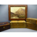 STRIPPED PINE ANTIQUE BRASS BOUND BOX and three further lidded wooden boxes, the plaque to the brass