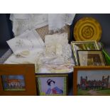VINTAGE HOUSEHOLD LINEN & LACE within a suitcase and a mixed quantity of framed pictures and prints