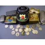 DECORATIVE BOXES and a small quantity of vintage coinage, examples include a continental white metal