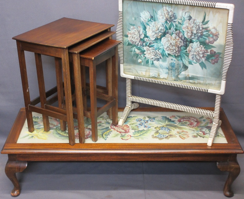 FLORAL TAPESTRY INSET MAHOGANY LONG TABLE on cabriole supports, set of three mahogany occasional