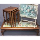 FLORAL TAPESTRY INSET MAHOGANY LONG TABLE on cabriole supports, set of three mahogany occasional