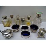 SILVER TOPPED SCENT BOTTLES & CONDIMENT ITEMS, a mixed quantity (various conditions)