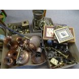 COPPER, BRASSWARE & OTHER COLLECTABLES, a large quantity within 4 boxes including vintage horns,