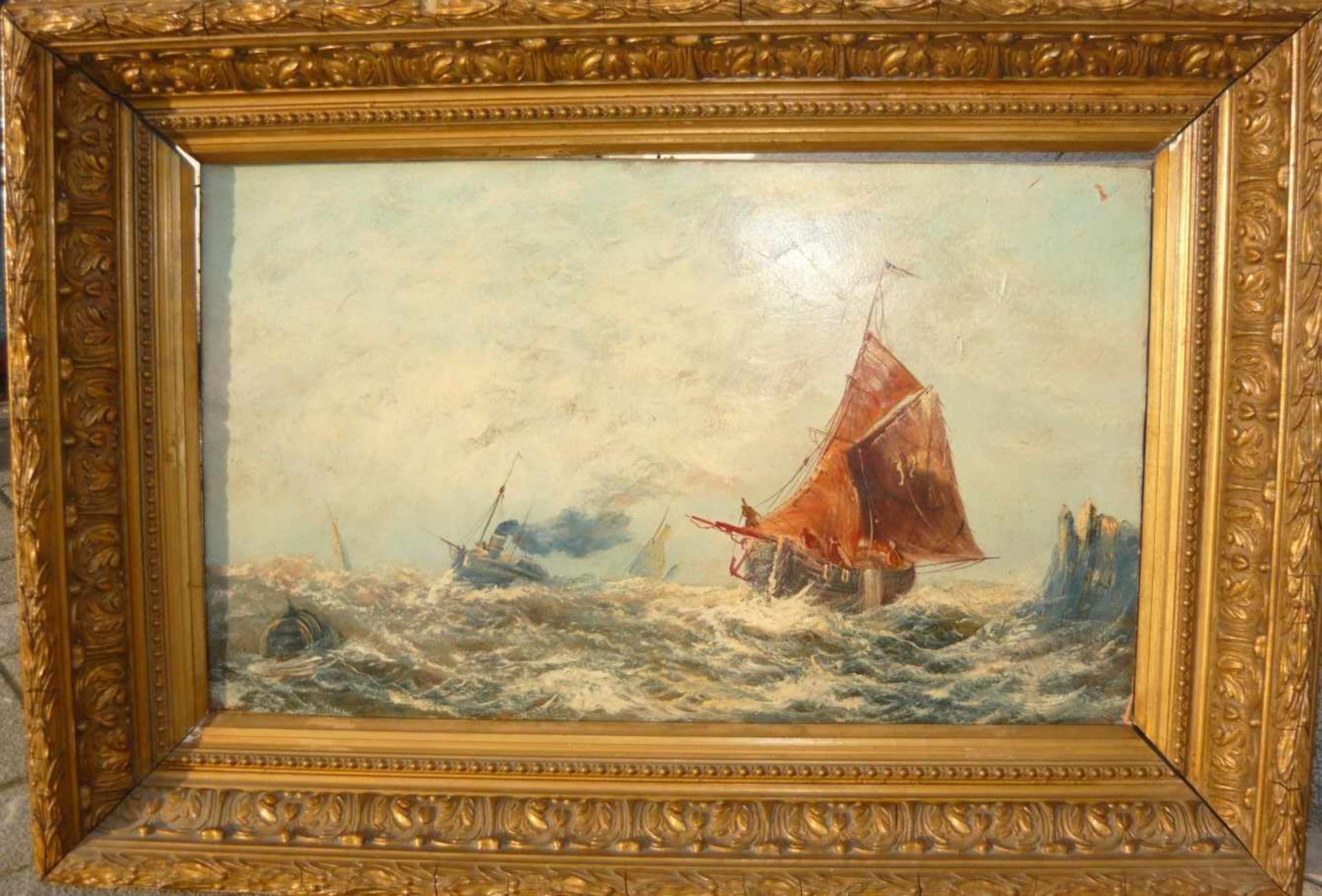 Unbekannter Maler. Seestück mit Dampfer und anderen Schiffen. Öl/Lw. Rahmen ca. 48x69cm.- - -22.00 %