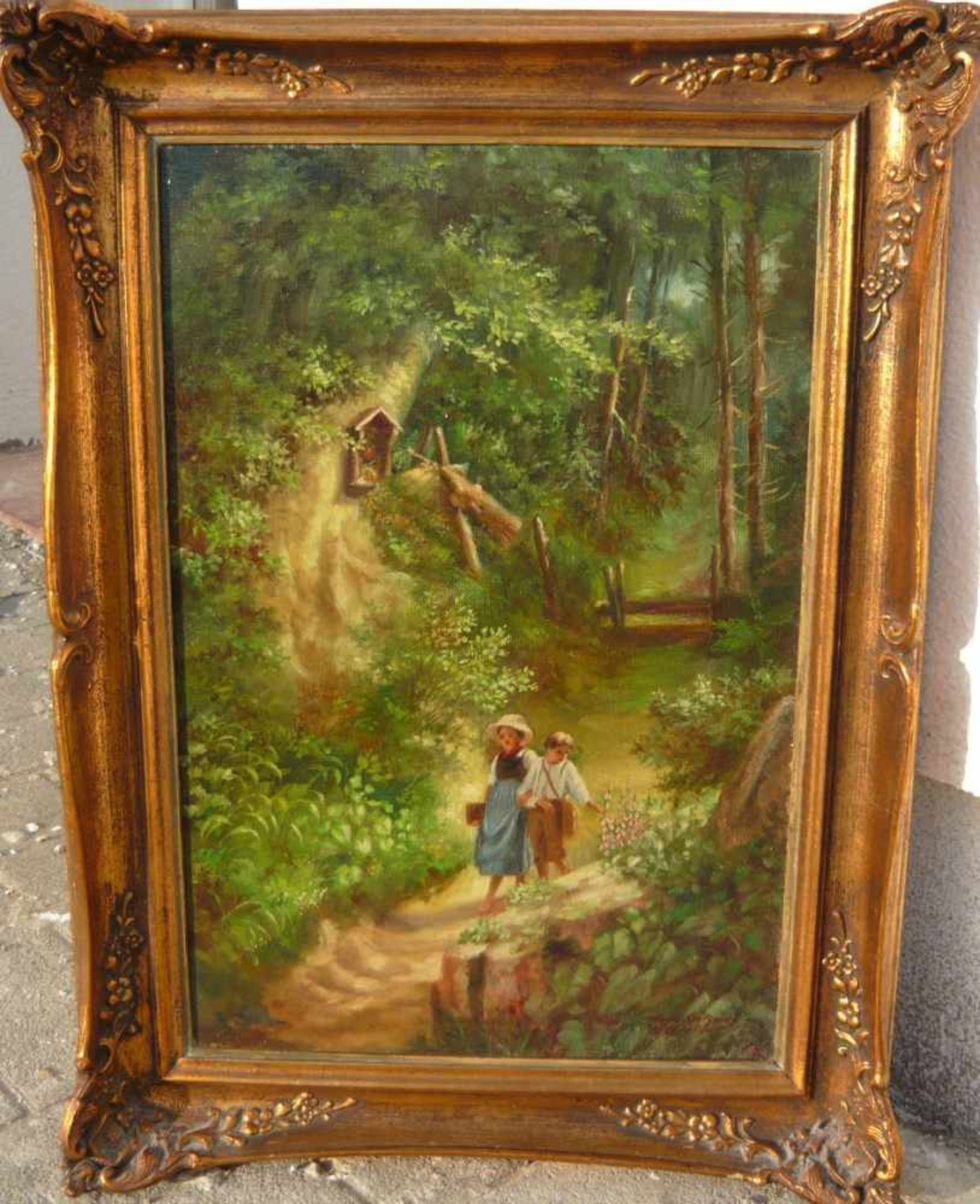 Unbekannter Spitzweg-Kopist. Geschwisterpaar im Wald. Öl/Lw. Sig. Und bez. Rahmen ca. 56x41cm.- - -