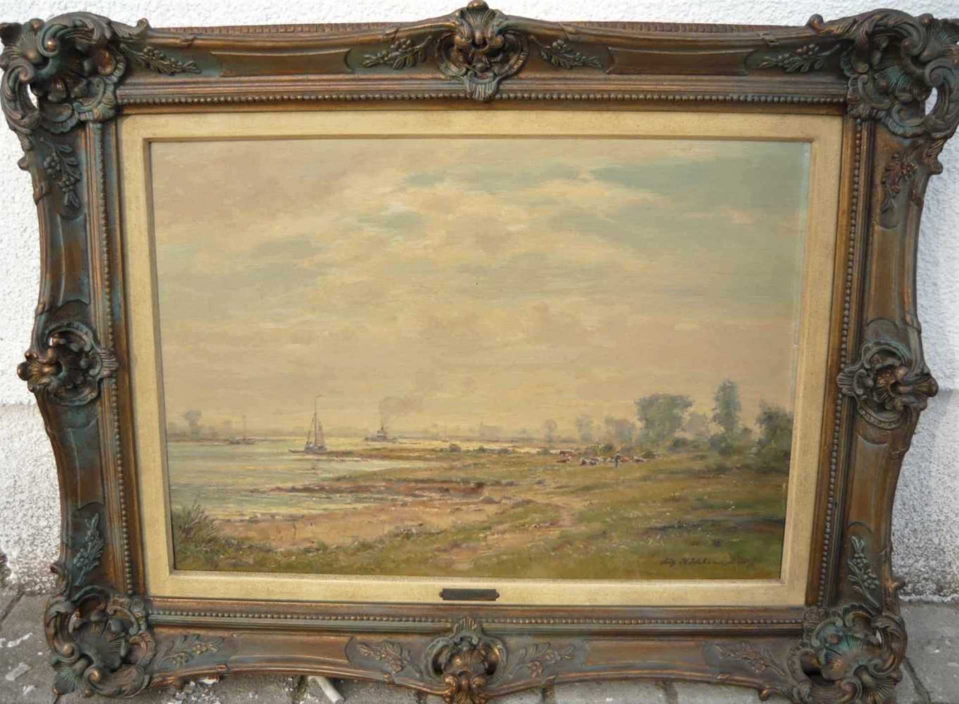 Fritz Köhler, Düsseldorf. Rheinansicht bei Kaiserswerth. Öl/Platte. Sig. U.r. Rahmen ca. 52x66cm.- -