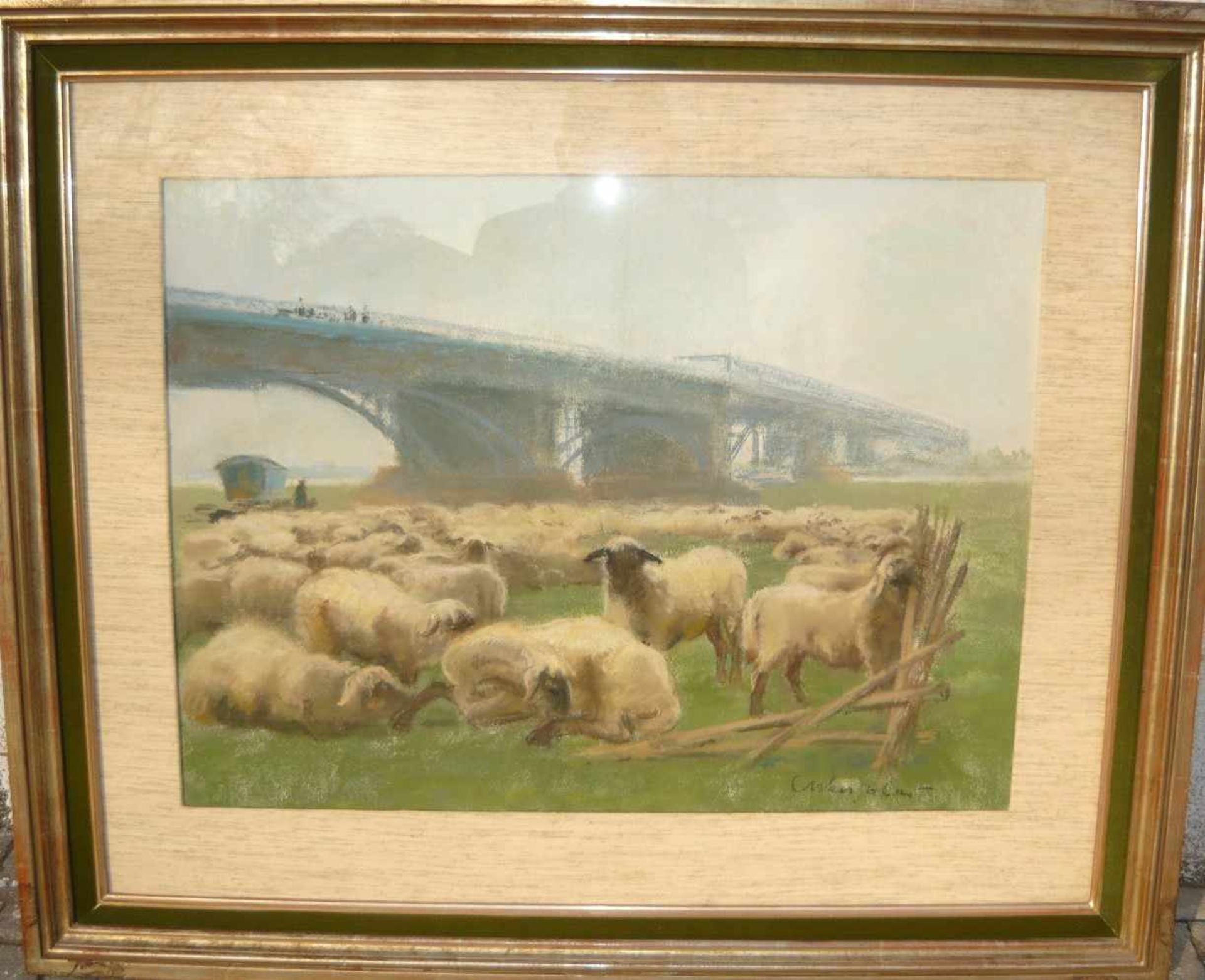 Carl Weisgerber (1891-??). Schafherde an der Düsseldorfer Rheinbrücke. Pastell. Sig. U.r. Hinter