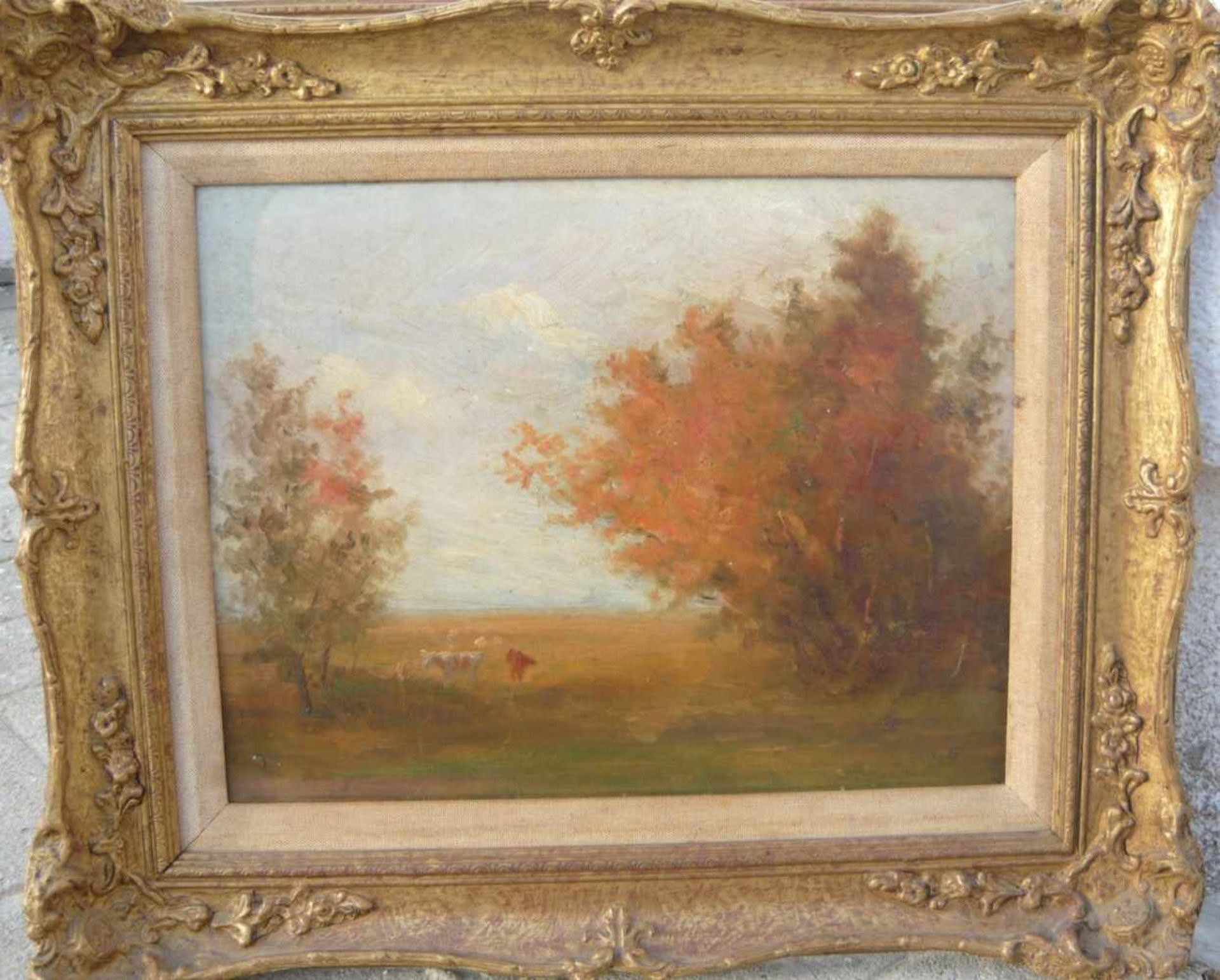Unbekannter Maler um 1900. Landschaft mit Kühen. Öl/Platte. Sig. U.r. Rahmen ca. 41x48cm.- - -22.