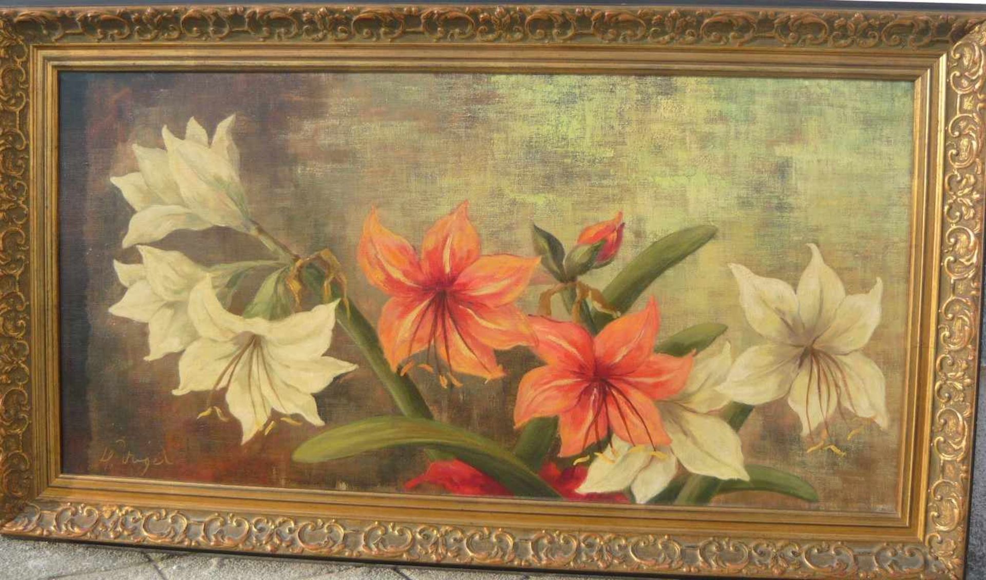 Vogel. Gemälde mit Amaryllis. Öl/Lw. Sig. U.l. Rahmen ca. 53x94cm.- - -22.00 % buyer's premium on