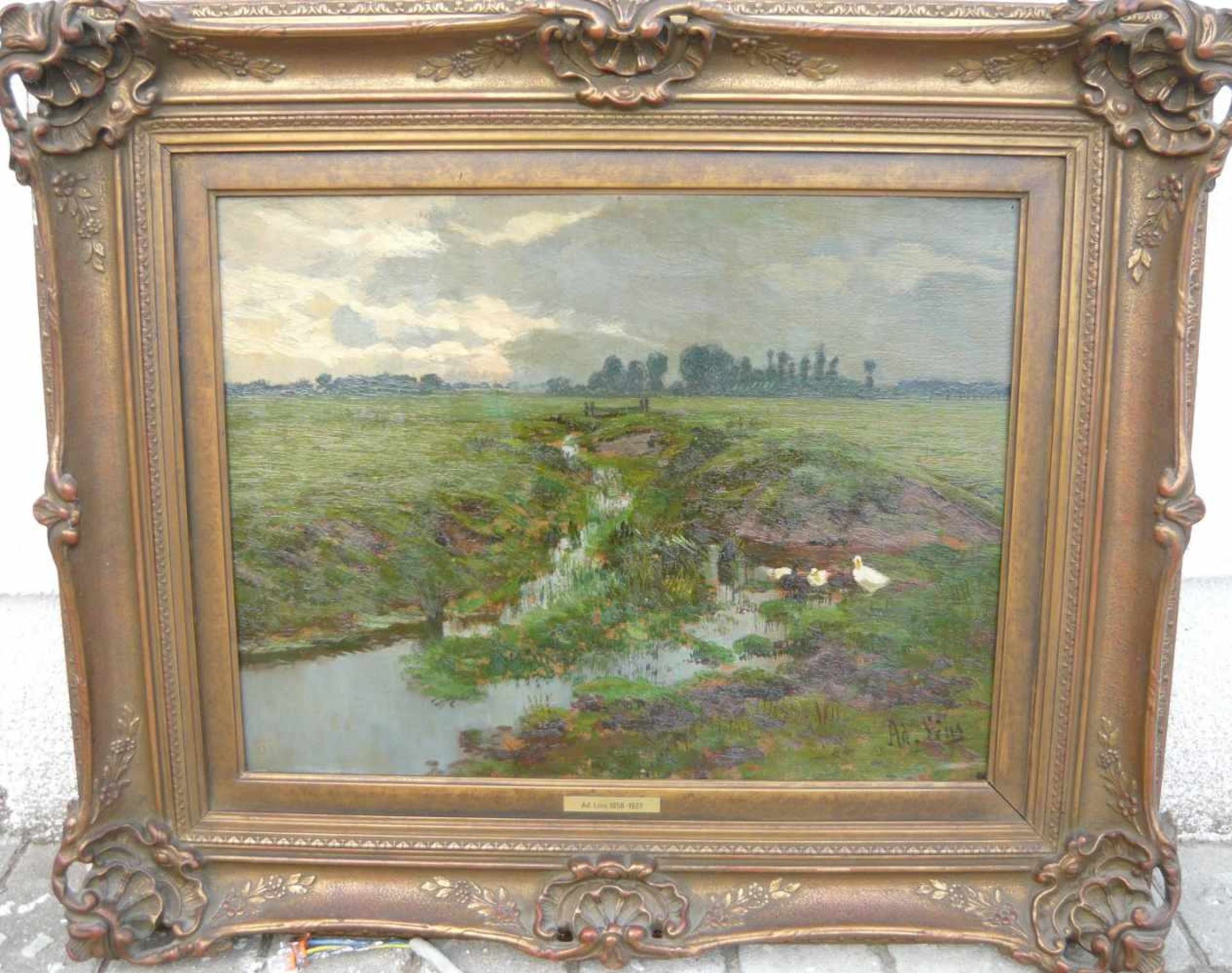 Adolf Lins. Weitläufige Landschaft mit weissen Enten. Öl/Platte. Sig.u.r. Rahmen ca. 58x69cm.- - -