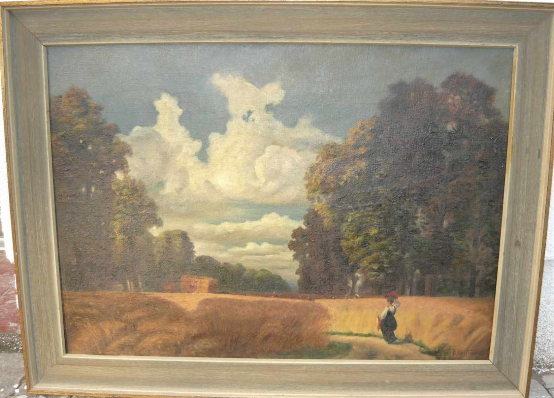 F.Kottmann. Stimmungsvolle Landschaft mit Personen. Öl/Lw. Sig.u.r. Rahmen ca. 61x82cm.- - -22.