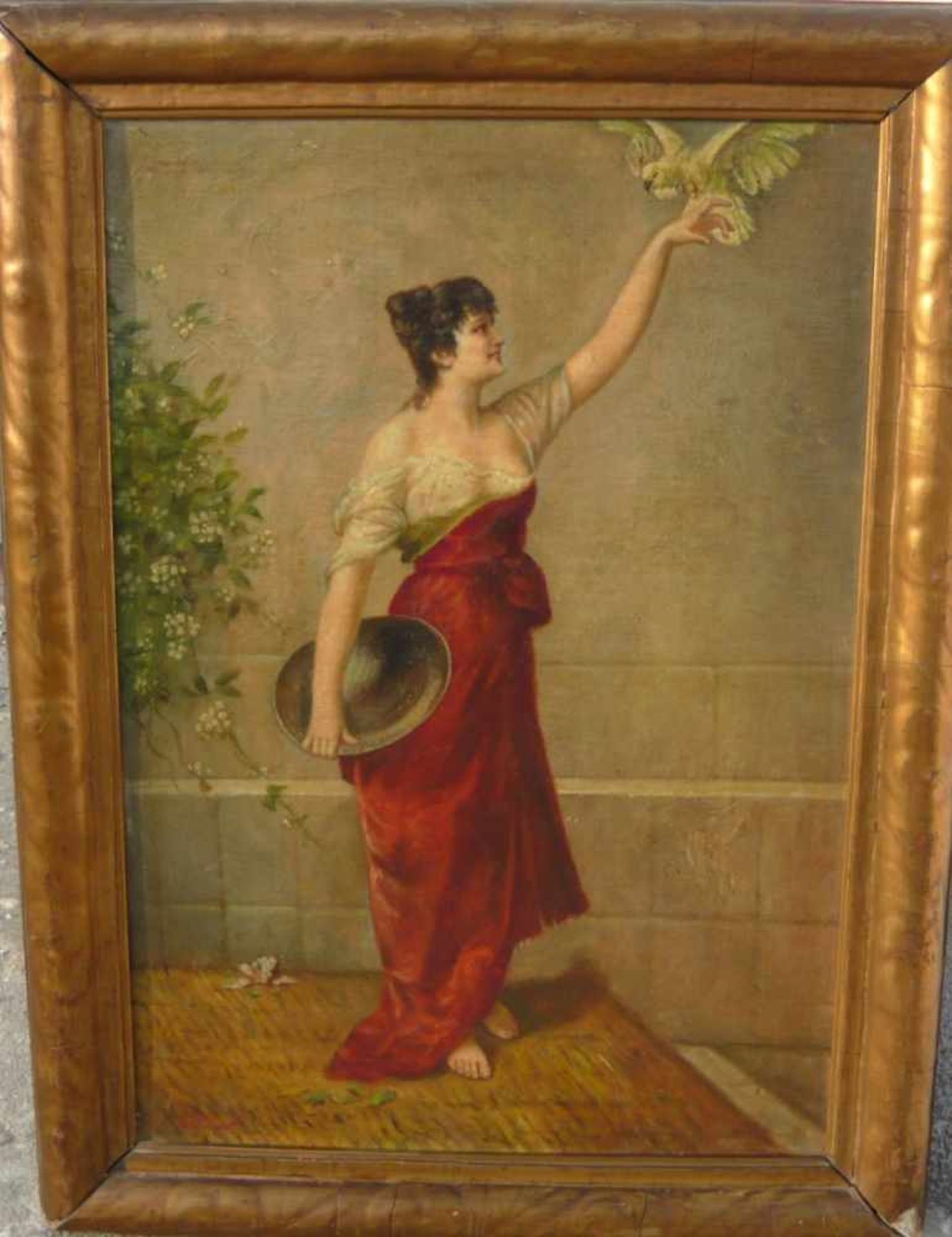 Maler um 1900. Italienerin mit weissem Kakadu. Öl/Platte. Vor oder um 1900. Rahmen ca.