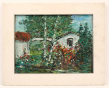 Deutsch, 20. Jh.Haus im Garten. Öl/Karton. Monogr. und dat. 01. H: 28,5 x 38 cm.