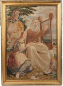 Stickbild.19. Jh. Vor Felslandschaft mit kniendes Paar mit Harfe. Unter Glas. H: 74 x 52 cm.