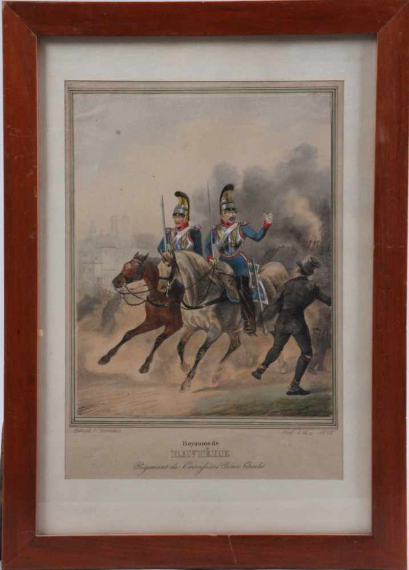 Drei kolorierte Lithografien.Bez. "Royaume de Bavière Regiment de Curiaßiers Prince Charles