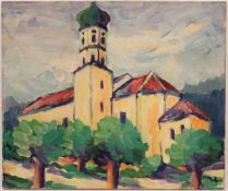 Frauenberger, Erich. 1924 - 2008.Kirchenansicht. Öl/Karton. Rechts. u. monogr. H: 50 x 60 cm