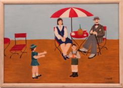 Vizner, J. 20. Jh.Familie im Café. Öl/ Karton, unter Glas. Rechts u. sign. H: 44 x 63 cm.