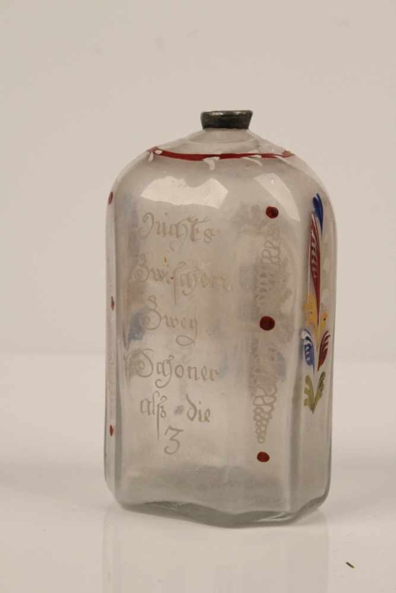 Branntweinflasche.Fichtelgebirge/Alpenländisch, 18. Jh. Mundgeblasenes Glas mit Abriss. Emai - Bild 3 aus 6