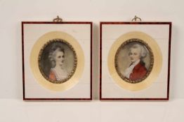 Paar Miniaturen.Damen- und Herrenportrait. Farbige Miniatur auf Bein, Kasettenrahmen mit oval