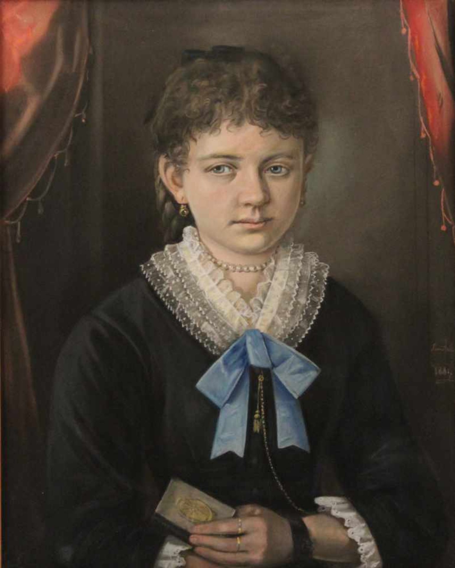 Halbportrait. 19. Jh.Mädchenbildnis. Mitte rechts unleserlich sign. und 1881 dat. Pastell, h